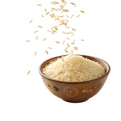 A bowl filled with white rice and grains falling from above on a white background in a studio shot