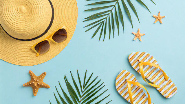 Colorful beach items including a wide-brimmed straw hat, yellow sunglasses, flip-flops, and starfish are placed on a vibrant blue surface with tropical leaves.