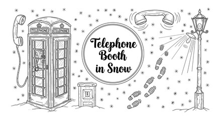 Vintage telephone booth in snowy setting with lamp post and footprints