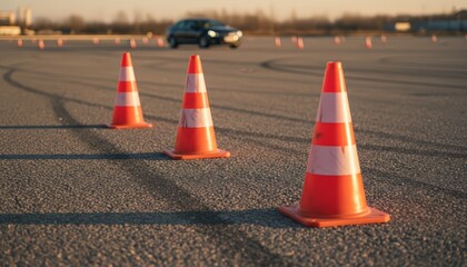 Rows of orange and white traffic cones line an asphalt lot, marking a practice course for new drivers learning to maneuver a car safely, with a vehicle in the background