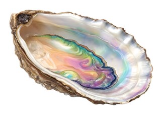 An open oyster shell with iridescent colors inside on a white background in a digital rendering