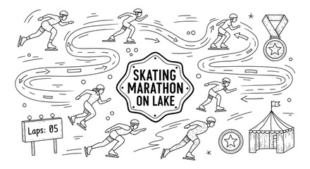 Skating marathon on lake: winter sports in black and white line art
