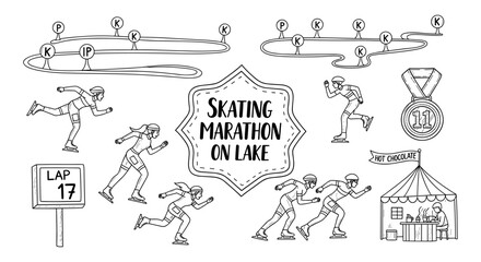 Ice skating marathon event with racing track and warmup activities