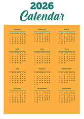 Neatly organized 2026 calendar with all months in grid layout, Sundays and holidays highlighted – practical yearly planner and elegant calendar design JPG