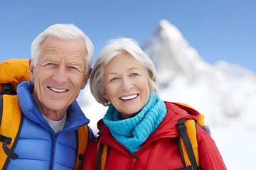 Cheerful senior couple wearing winter jackets and backpacks, smiling against a snowy mountain backdrop, enjoying a joyful outdoor adventure in a winter wonderland