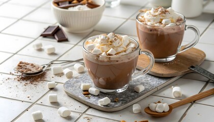 Two mugs of hot chocolate with marshmallows and whipped cream on a tiled surface and wooden spoon