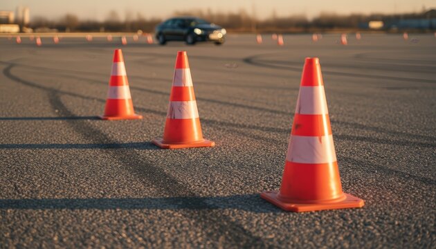Rows of orange and white traffic cones line an asphalt lot, marking a practice course for new drivers learning to maneuver a car safely, with a vehicle in the background
