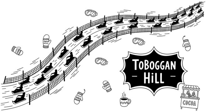 Fun tobogganing ride on snowy hill in whimsical black and white art