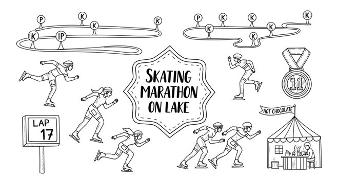 Ice skating marathon event with racing track and warmup activities