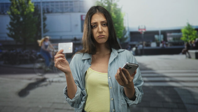 Woman holds creditcard and smartphone on a busy street, pouting and showing a small card near her face; financial frustration.