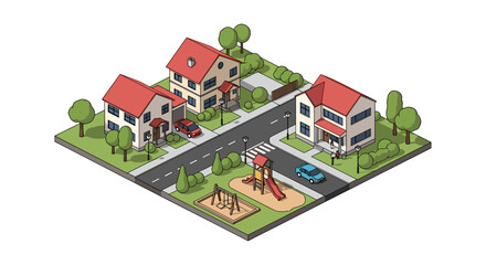 Charming suburban neighborhood scene with red roofs and playground in isometric style