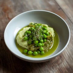 Fresh green peas served over creamy mashed potatoes, topped with tender cooked vegetables and microgreens. A vibrant, minimalist dish with a glossy olive oil finish.
