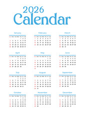Neatly organized 2026 calendar with all months in grid layout, Sundays and holidays highlighted – practical yearly planner and elegant calendar design JPG
