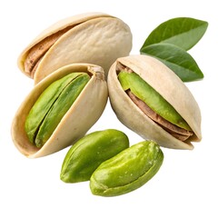 A close up view of pistachios with shells and green leaves on a white background in a studio shot