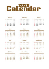 Neatly organized 2026 calendar with all months in grid layout, Sundays and holidays highlighted – practical yearly planner and elegant calendar design JPG
