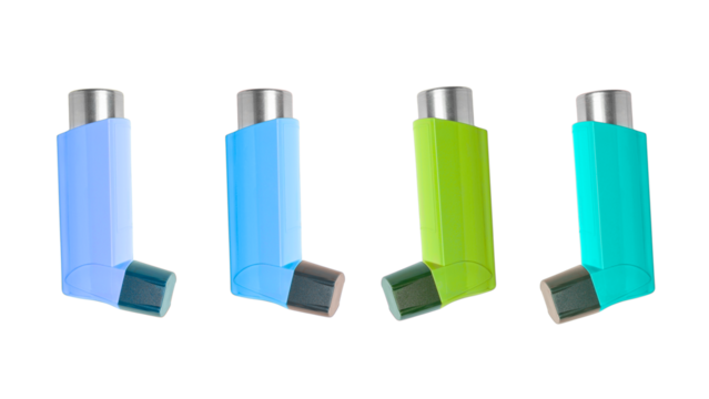 A set of four colorful asthma inhalers for respiratory therapy and allergy relief, isolated on transparent background