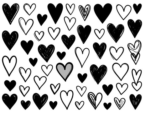 A collection of various hand-drawn hearts, some solid, some outlined, and some with scribbled details, arranged randomly