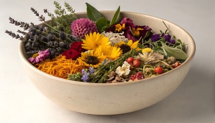 A ceramic bowl filled with a variety of colorful flowers and herbs on a white surface in soft lighting