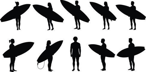 Silhouette, surfers, surfboards, group, beach, casual, pose, black, white, minimalist, standing, relaxed, arrangement, outdoor, summer, sport, lifestyle, unity, people, illustration