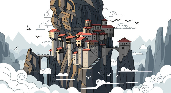 Ancient monastery on rocky cliff with red roofs and misty mountains in background - Powered by Adobe