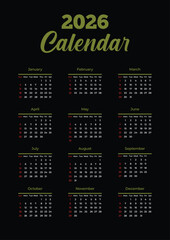 Vertical 2026 calendar with compact grid layout, black background, green and white text, red-highlighted Sundays – bold yearly planner and practical calendar design JPG