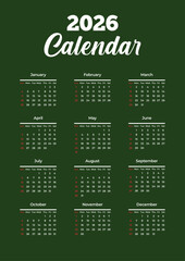 Vertical 2026 calendar with compact grid layout, black background, green and white text, red-highlighted Sundays – bold yearly planner and practical calendar design JPG