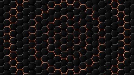Modern futuristic background of golden hexagon surface concept. Trendy technology background of golden hexagon grid on dark background. Abstract hexagon geometric surface. Luxury black and gold.