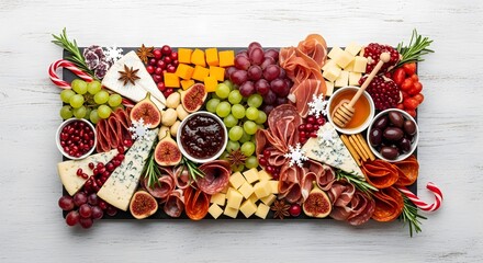 Overhead view of a festive charcuterie board with cheese meat fruit and holiday decorations arranged nicely