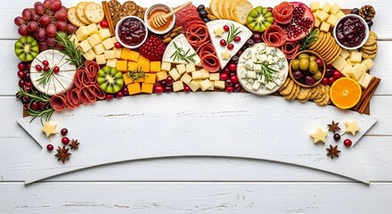 An overhead shot of a charcuterie board filled with various cheeses meats and fruits on a white table