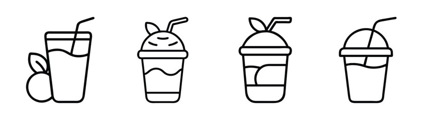 Line art of four unique smoothie drinks with straws for menu design and creative projects
