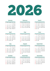 Neatly organized 2026 calendar with all months in grid layout, Sundays and holidays highlighted – practical yearly planner and elegant calendar design JPG
