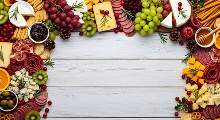 Overhead view of a charcuterie board with cheese, fruits, meats, and crackers on a white wooden surface