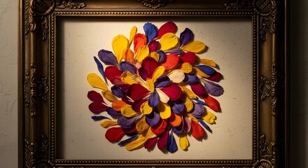 Framed art piece featuring a colorful arrangement of petals in a circular pattern display on a wall