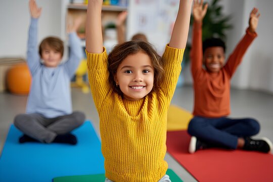 Energetic children of diverse ethnicities are joyfully participating in a yoga class, raising their hands in excitement on colorful mats in a bright classroom environment