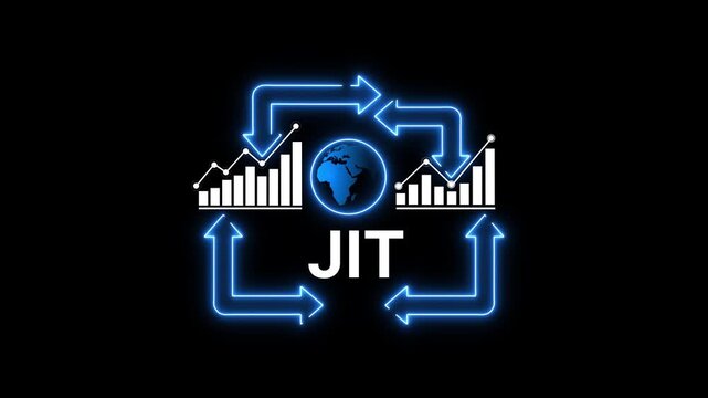 Neon blue arrows cycle around a globe and bar charts with JIT text just in time logistics