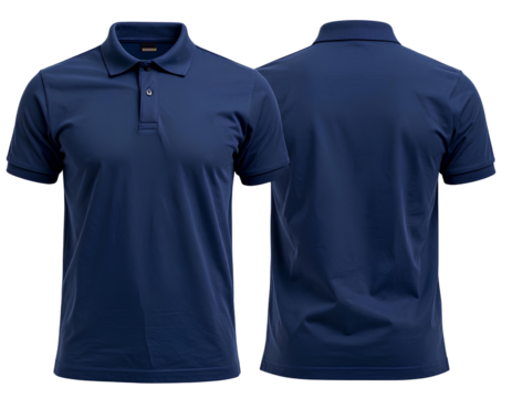 Collared polo shirt in navy blue, mockup with front and back view, transparent background, PNG file with white background and no shadow, high resolution , on a transparent backgrounds