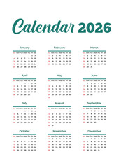 Neatly organized 2026 calendar with all months in grid layout, Sundays and holidays highlighted – practical yearly planner and elegant calendar design JPG
