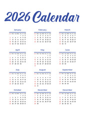 Full-year 2026 calendar with clean grid layout displaying all months, weekends highlighted in red – practical yearly planner and elegant calendar design JPG