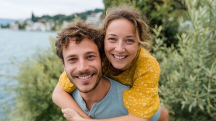 Fototapeta premium Man and woman embracing outdoors by lake.