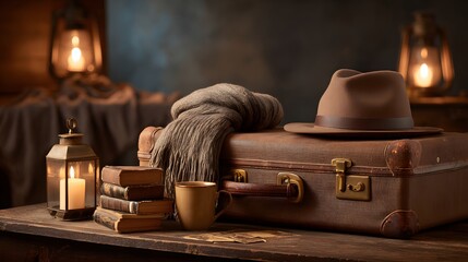 Vintage travel essentials are arranged atop a wooden surface with soft lantern light illuminating the scene