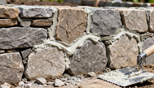 Closeup medium view of a mortared stone garden wall under construction showcasing detailed masonry techniques and the application of cement for a stable longlasting structure.