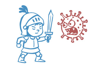 Boy knight fighting virus cartoon sketch vector illustration