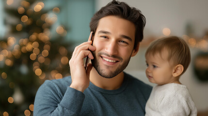 Phone call remote work faceless father with baby in winter home, Christmas decorations background, holiday childcare multitask, seasonal freelancer parent, defocused lights , with