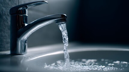 Illuminated metal water fixture actively releases a steady stream into a basin below