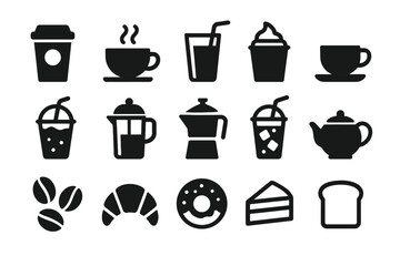 Obraz premium Coffee and bakery icons: espresso, latte, croissant, tea, donut, cake