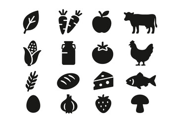 Silhouette icons of farm produce and animals - vegetables, fruits, livestock