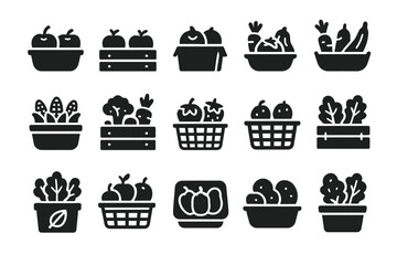 Set of black vegetable and fruit icons in baskets and containers