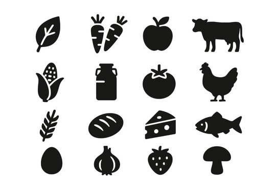 Silhouette icons of farm produce and animals - vegetables, fruits, livestock