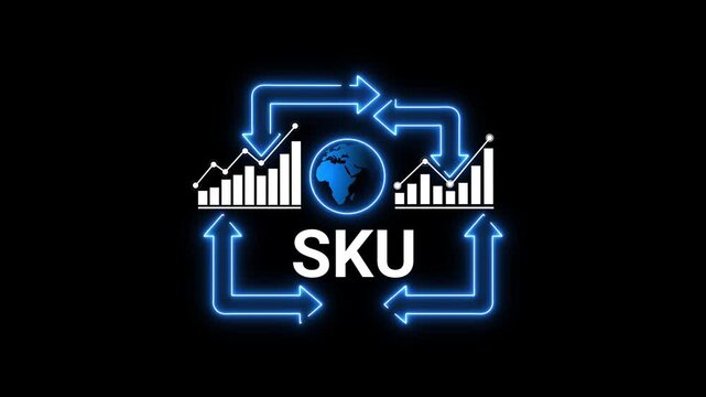 Neon blue arrows cycle around a globe and bar charts with SKU text stock keeping unit inventory