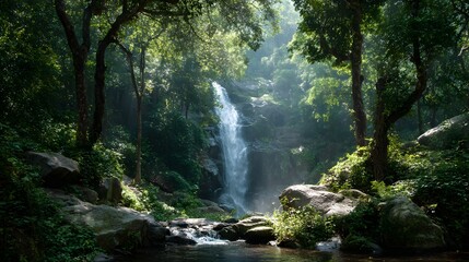 Verdant forest scene features tall cascade tumbling amidst sunlit foliage and moss covered stones